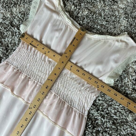 Vintage Her Majesty Blush Pink Smocked Ruffle Nightgown Satin Slip Chemise - Picture 11 of 13